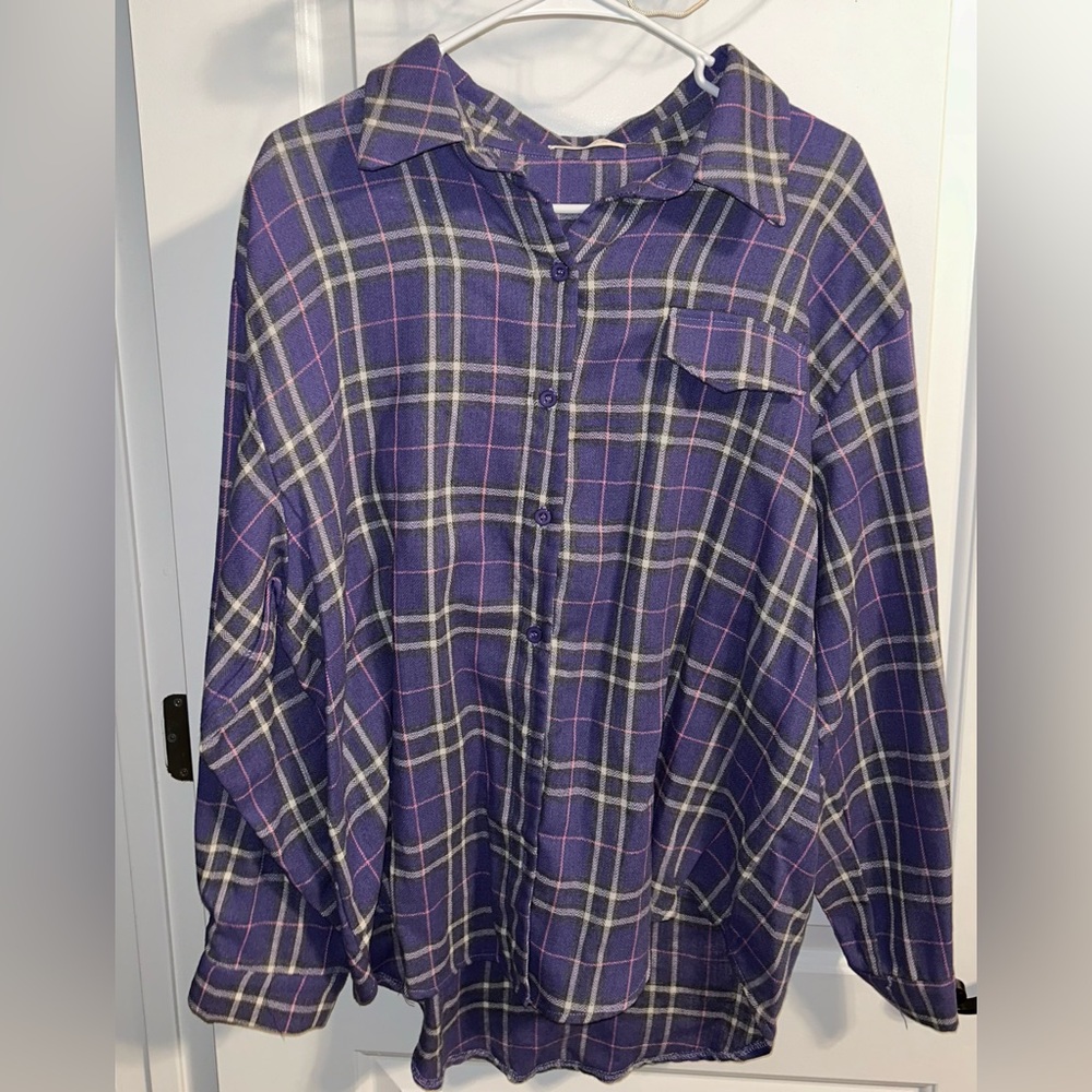 Purple and white plaid flannel shirt